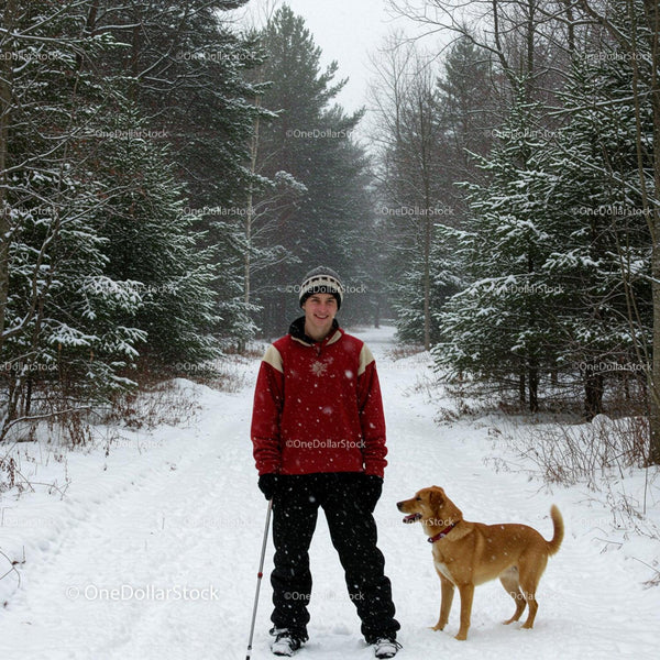 Young man enjoying snowy walk with dog in winter forest