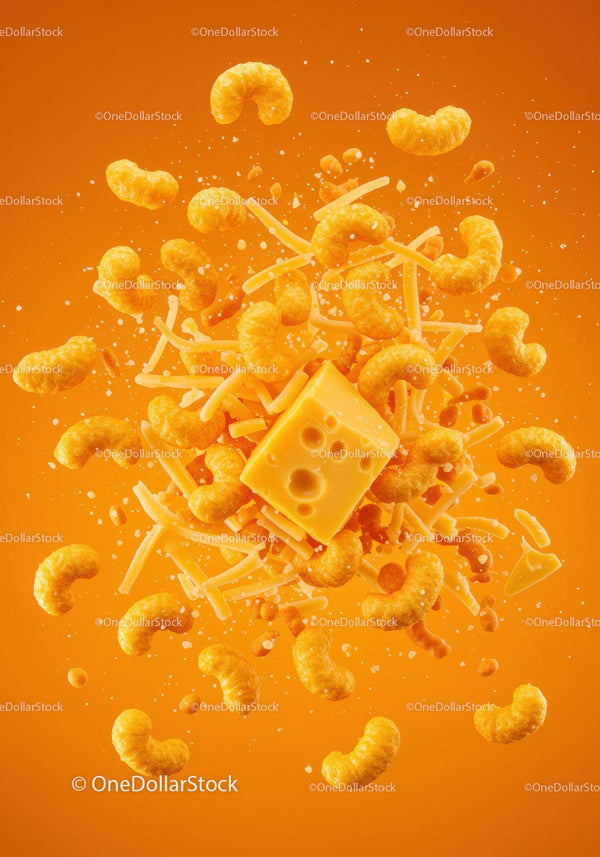Cheese curls bursting around Swiss cheese block