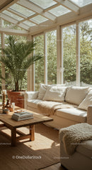 Cozy sunlit living room with natural decor elements