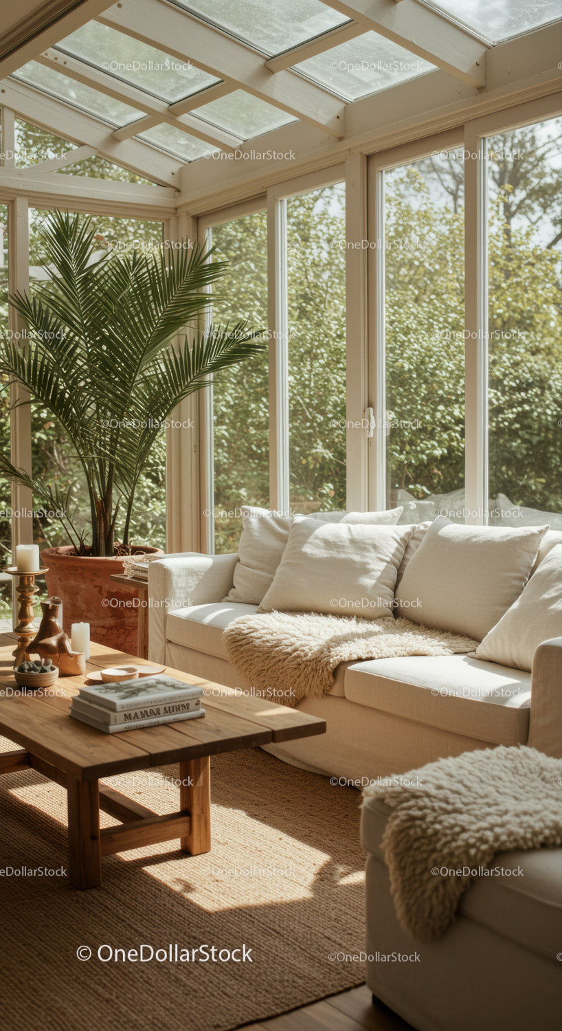 Cozy sunlit living room with natural decor elements
