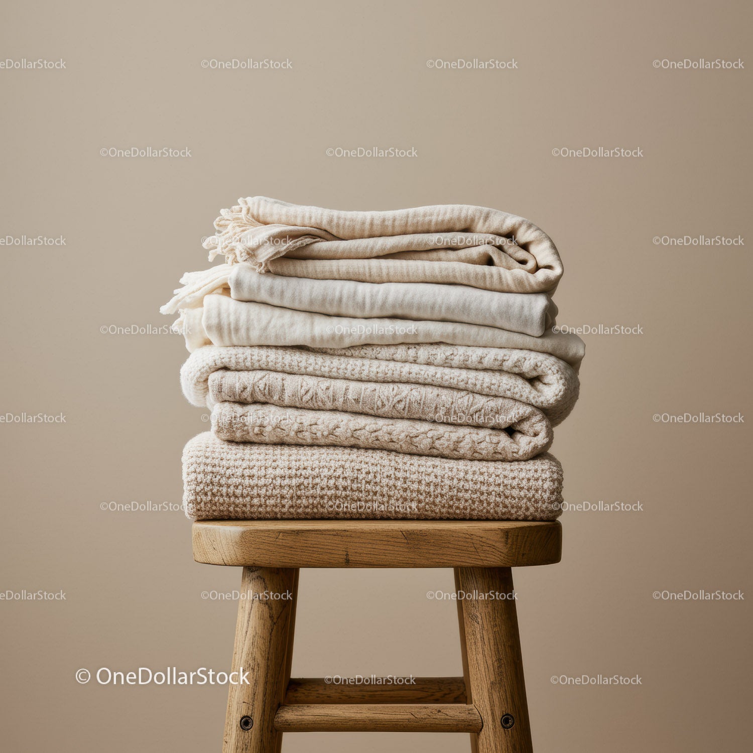 Stack of Soft Neutral Colored Blankets on Wooden Stool