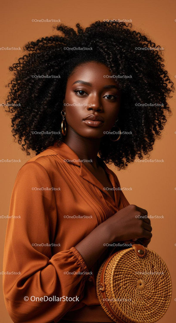 Stylish Woman with Curly Hair and Rattan Bag in Warm Tones