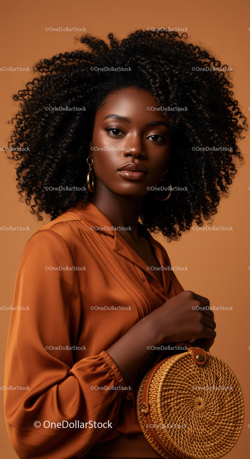 Stylish Woman with Curly Hair and Rattan Bag in Warm Tones