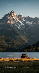 Majestic Snow-Capped Mountain Range with Lake and Small Hut Scene