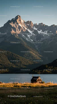 Majestic Snow-Capped Mountain Range with Lake and Small Hut Scene