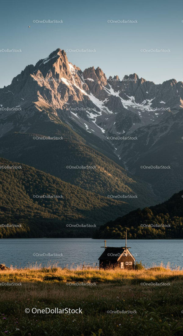 Majestic Snow-Capped Mountain Range with Lake and Small Hut Scene