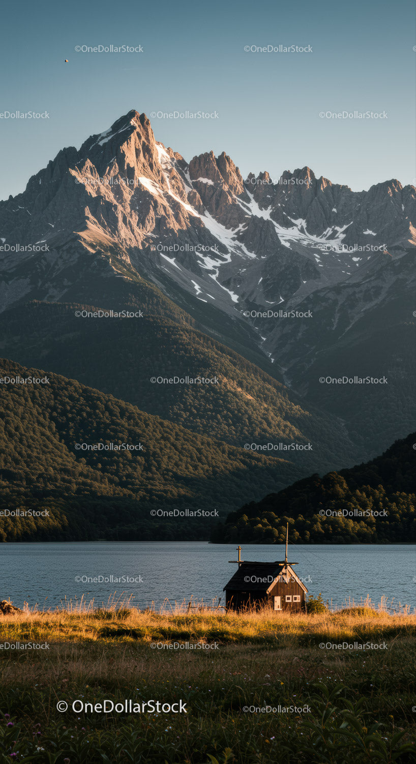 Majestic Snow-Capped Mountain Range with Lake and Small Hut Scene