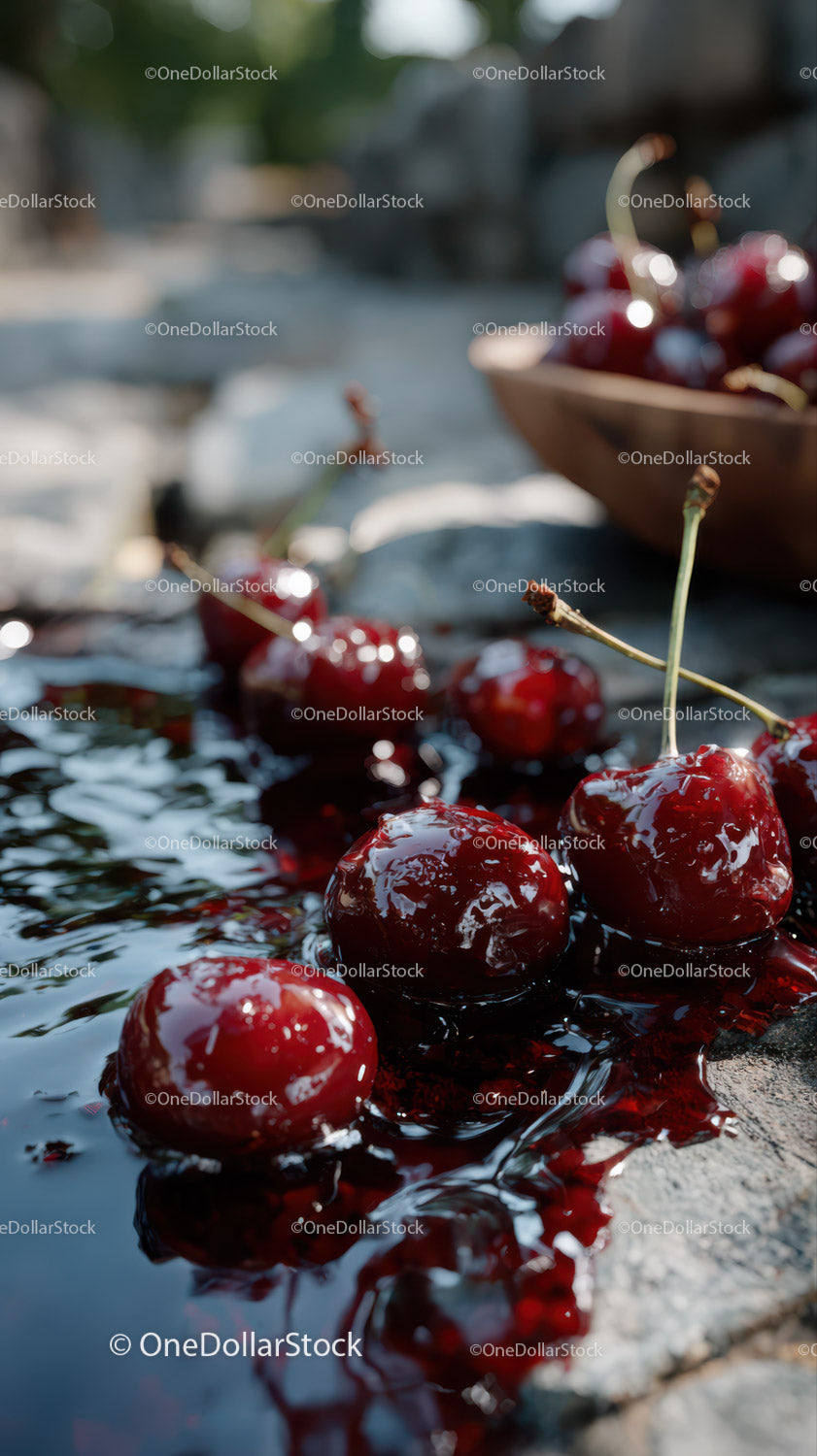 Fresh Juicy Red Cherries in an Outdoor Setting with Water Reflection