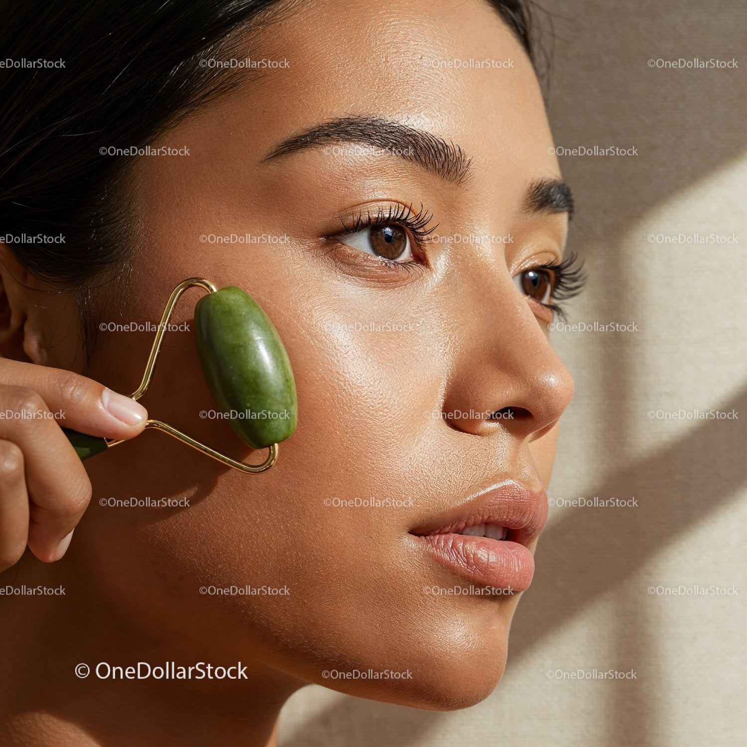 Close-Up Portrait of a Woman with Clear Glowing Skin and Brown Eyes