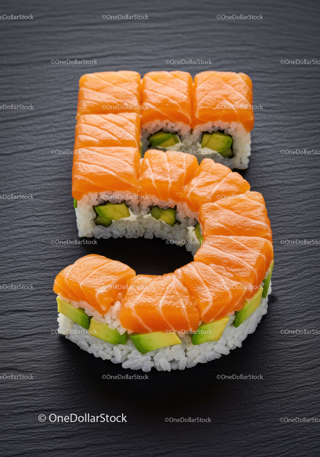 Sushi Rolls Arranged in Number Five Shape
