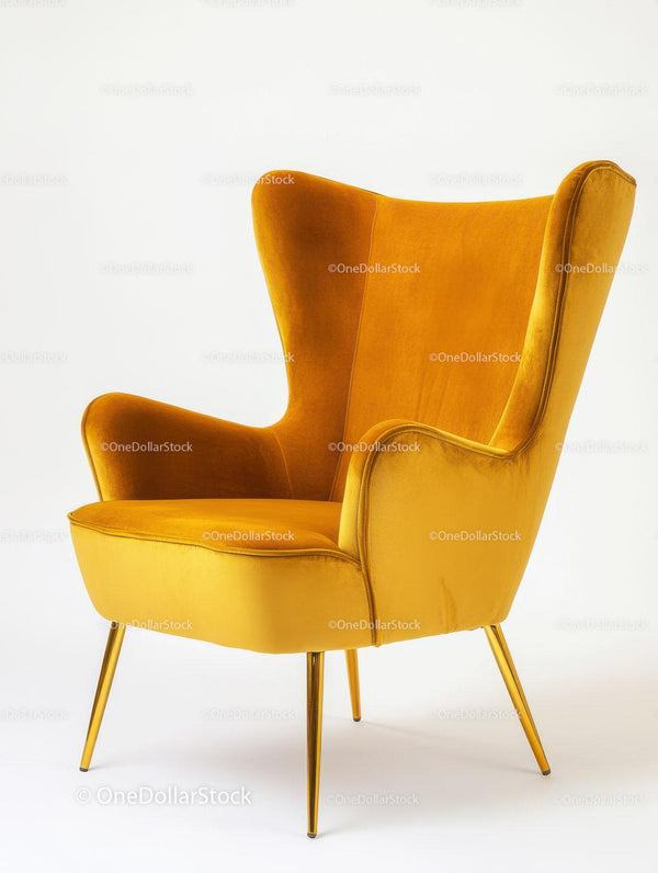 Żółty aksamitny fotel w stylu mid-century modern do stylowego wystroju wnętrz