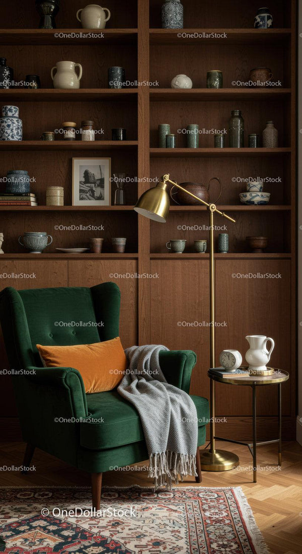 Cozy reading nook with green armchair and wooden shelves