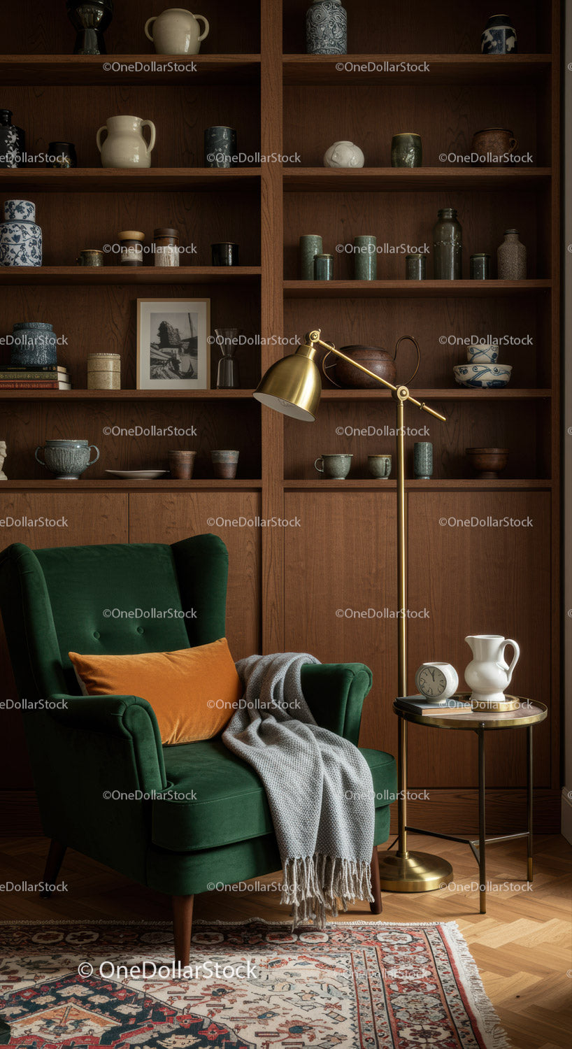 Cozy reading nook with green armchair and wooden shelves