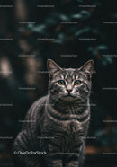 Alert gray tabby cat with bright eyes outdoors