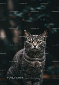 Alert gray tabby cat with bright eyes outdoors