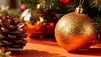 Golden Christmas bauble with pine cone on festive table