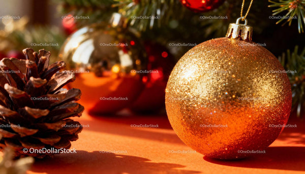 Golden Christmas bauble with pine cone on festive table