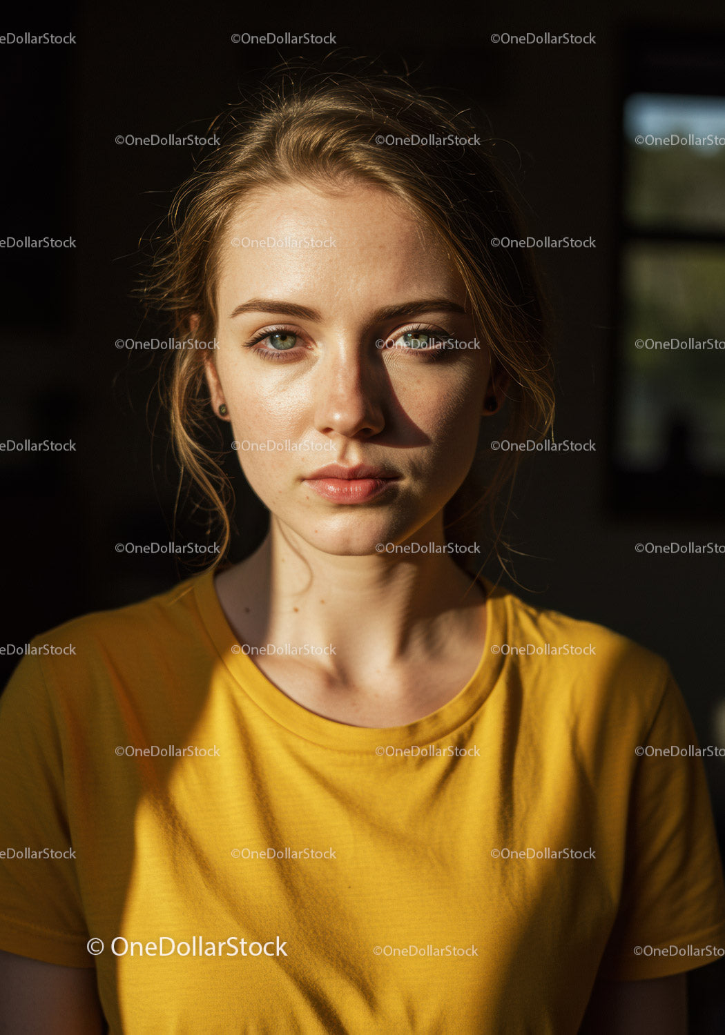 Portret młodej kobiety w świetle naturalnym w żółtej koszulce