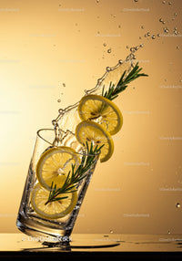 Refreshing lemon and rosemary splash in glass of water