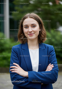 Confident Young Woman in Blue Blazer Outdoors for Business Portrait