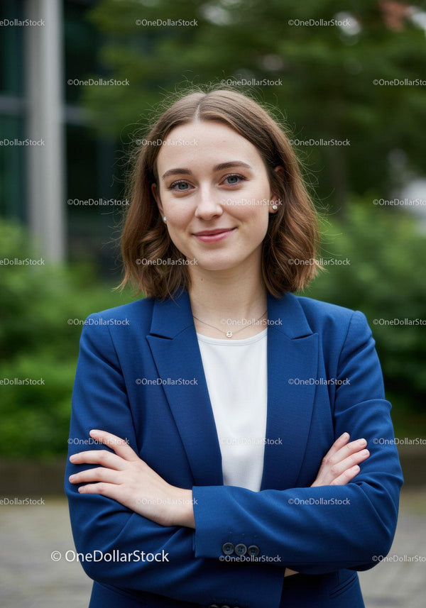 Confident Young Woman in Blue Blazer Outdoors for Business Portrait
