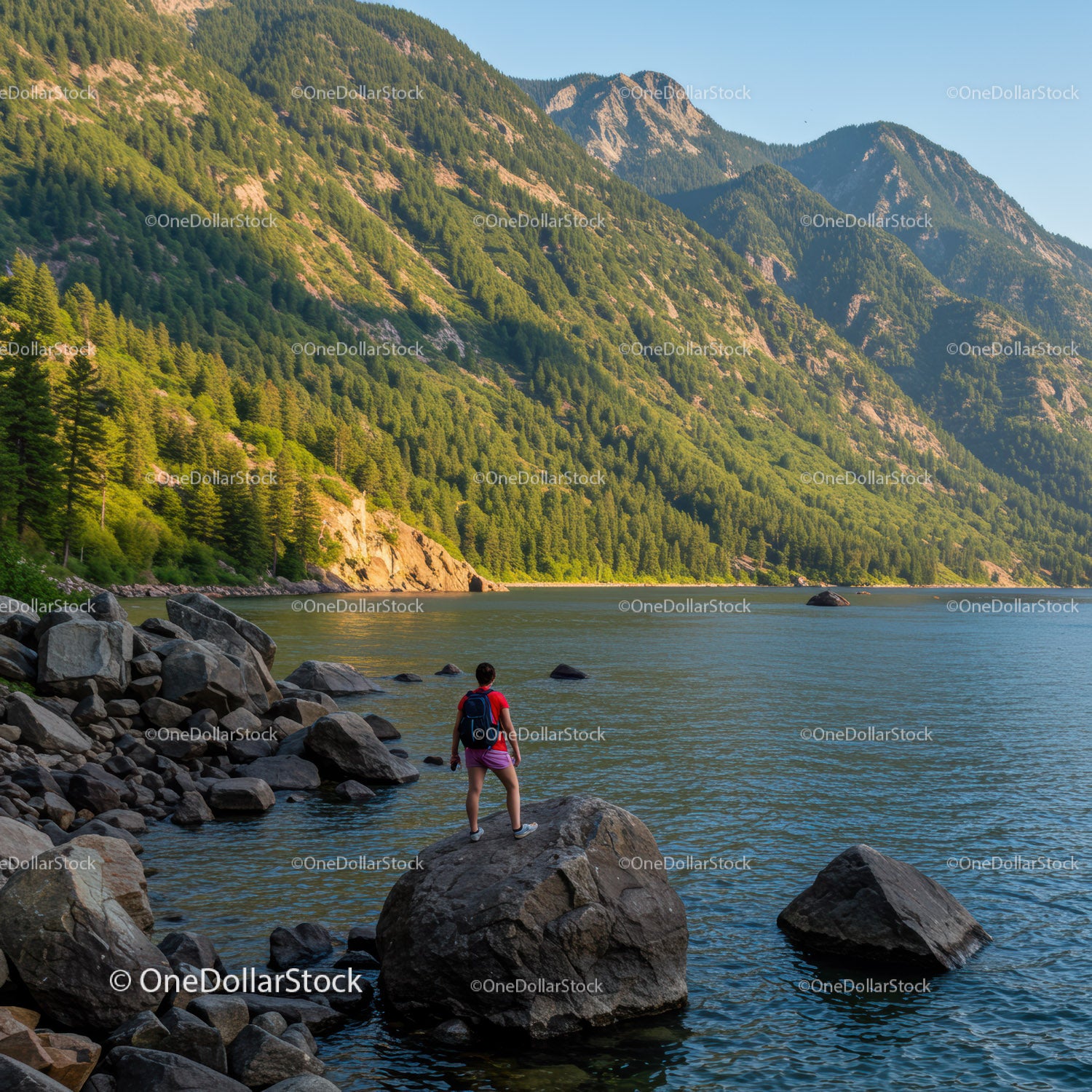 Mountain Lake Scene with Rocky Shore and Hiker in Nature