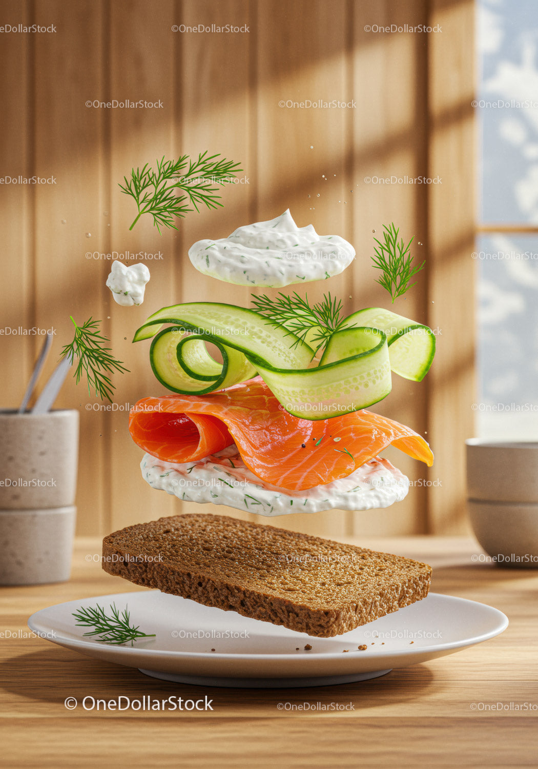 Fresh salmon and cucumber sandwich with creamy dill sauce