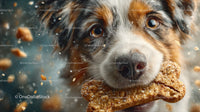 Close-Up of An Australian Shepherd Puppy Holding Biscuit