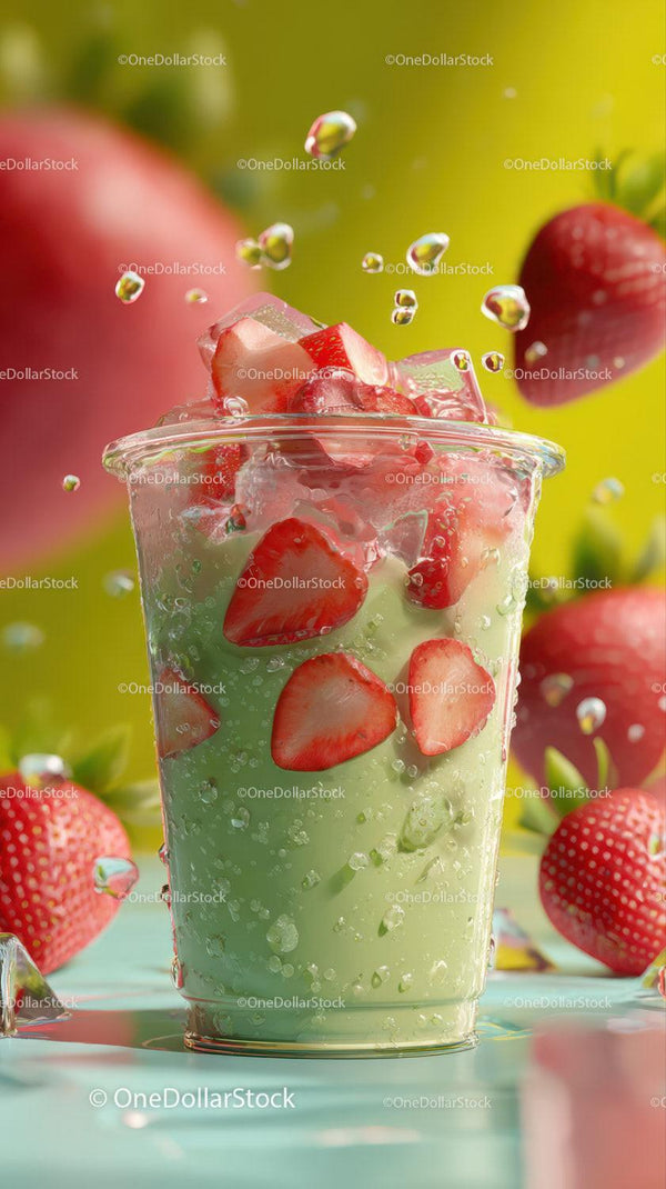 Strawberry Green Smoothie with Ice Cubes in Clear Glass