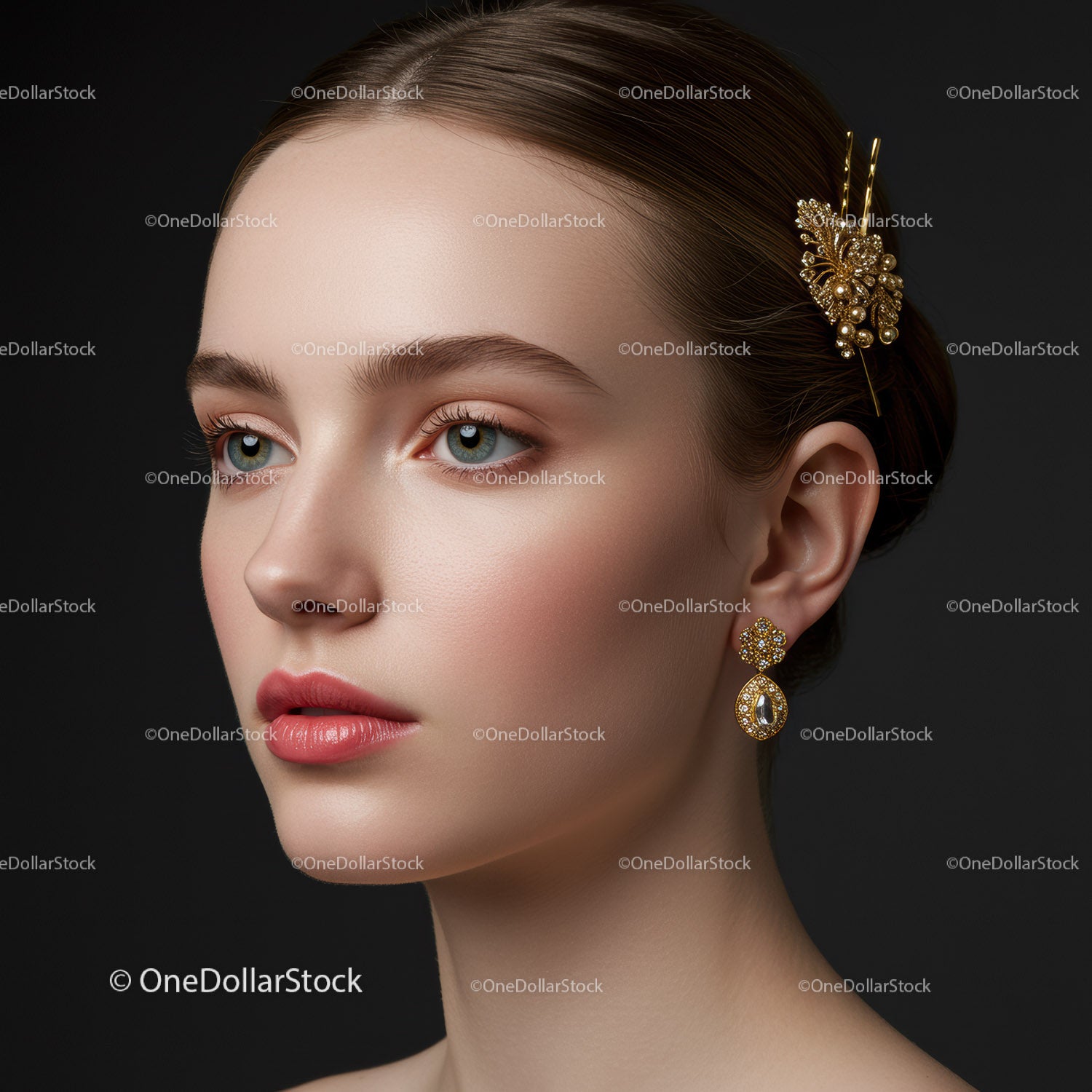 Elegant Woman with Gold Jewelry and Flawless Makeup