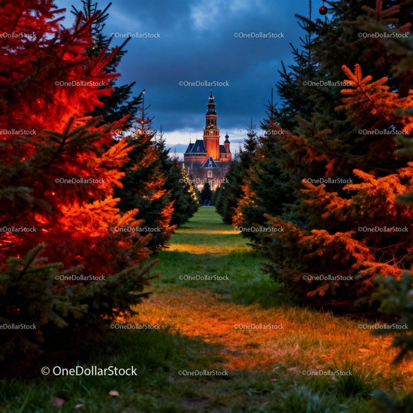 Historic tower framed by illuminated Christmas trees at dusk
