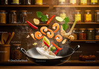 Fresh Ingredients Flying into Wok for Thai Shrimp Soup