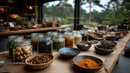 Organic Spices and Herbs in Glass Jars on Rustic Kitchen Counter