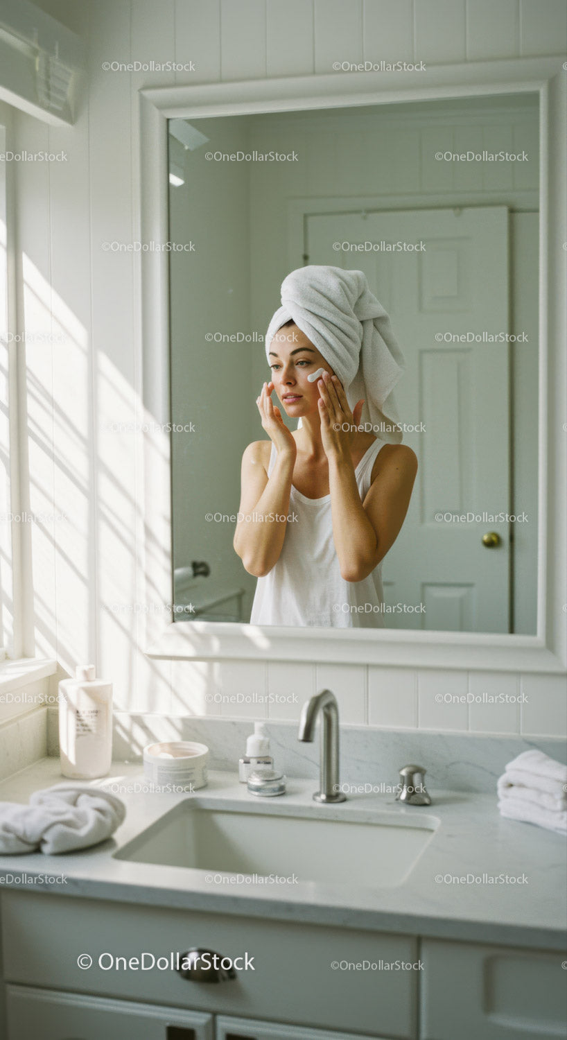 Young Woman Applying Skincare and Moisturizer in Bathroom Mirror
