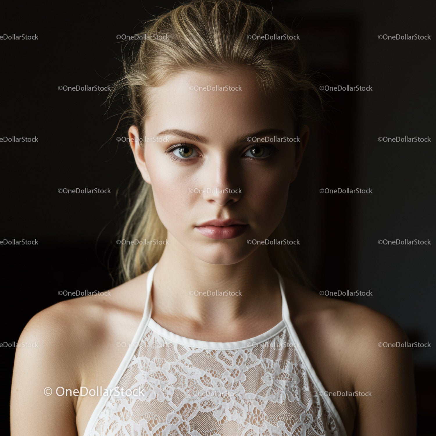 Portrait of a Young Woman with Ocean Blue Eyes in Elegant White Lace Dress