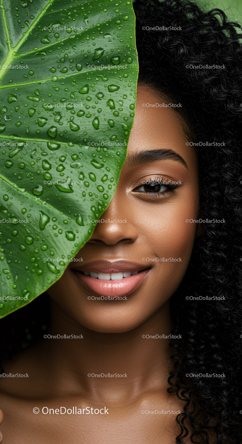 Portrait of a Young Woman with Curly Hair and Tropical Leaf