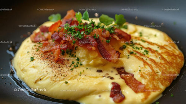 Scrambled Eggs with Bacon and Fresh Herb Garnish in Skillet