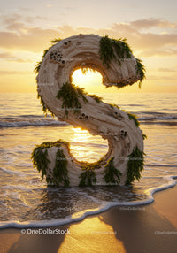 Driftwood Letter S Decorated with Seaweed on Beach Sunset