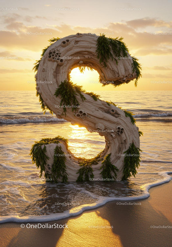 Driftwood Letter S Decorated with Seaweed on Beach Sunset