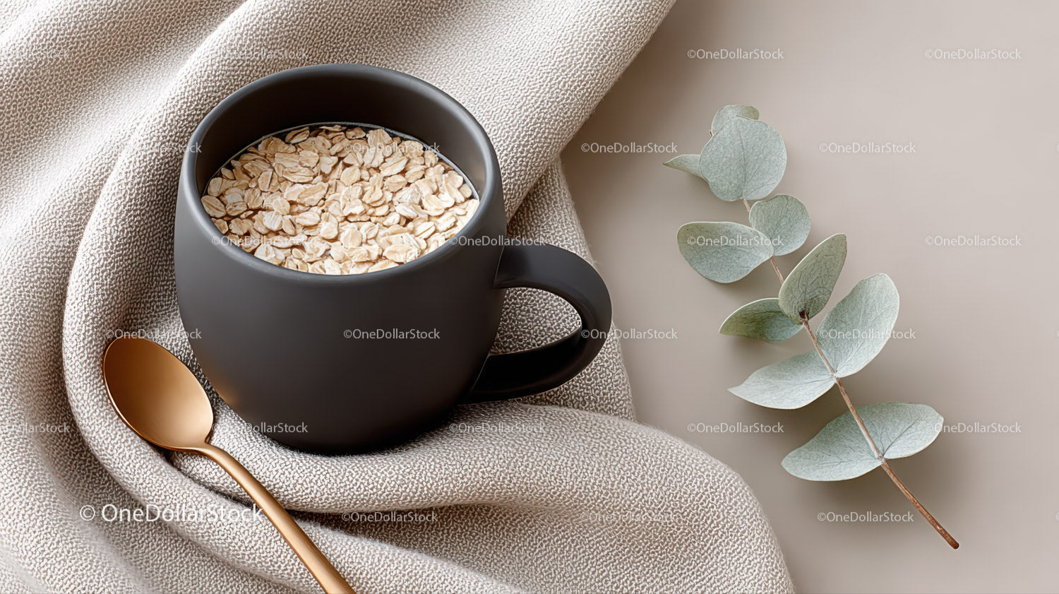 Minimalist Breakfast Scene with Oatmeal in a Black Mug and Eucalyptus