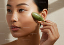 Woman Using Jade Facial Roller for Skin Rejuvenation and Relaxation