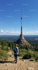 Hiker Visiting a Large Communication Tower on Mountain Peak