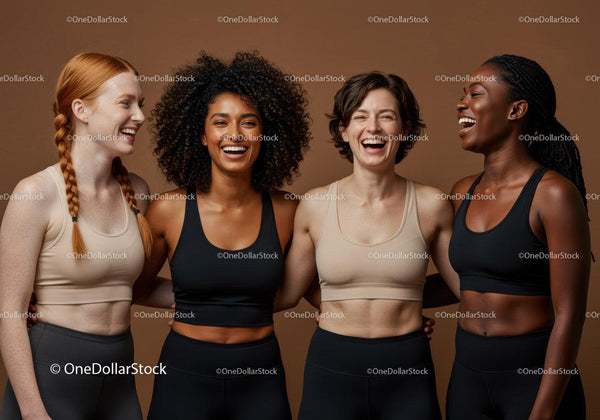 Diverse women laughing and bonding in activewear