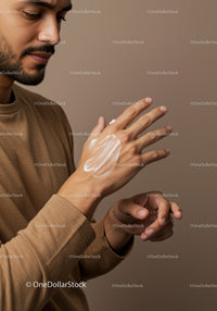 Close-up of Man Applying Lotion to Hand for Skincare Routine
