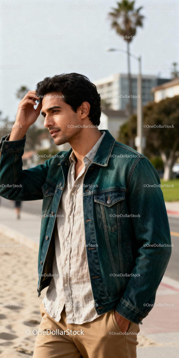 Thoughtful young man walking near sunny beachside street