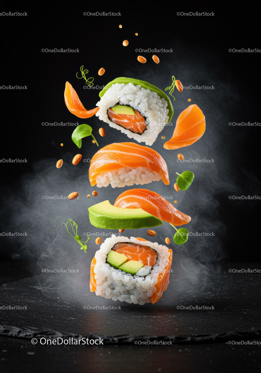 Świeże rolki sushi z łososiem i awokado pływające