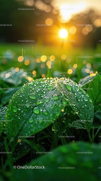 Morning Dew on Green Leaves with Sunlight in Nature