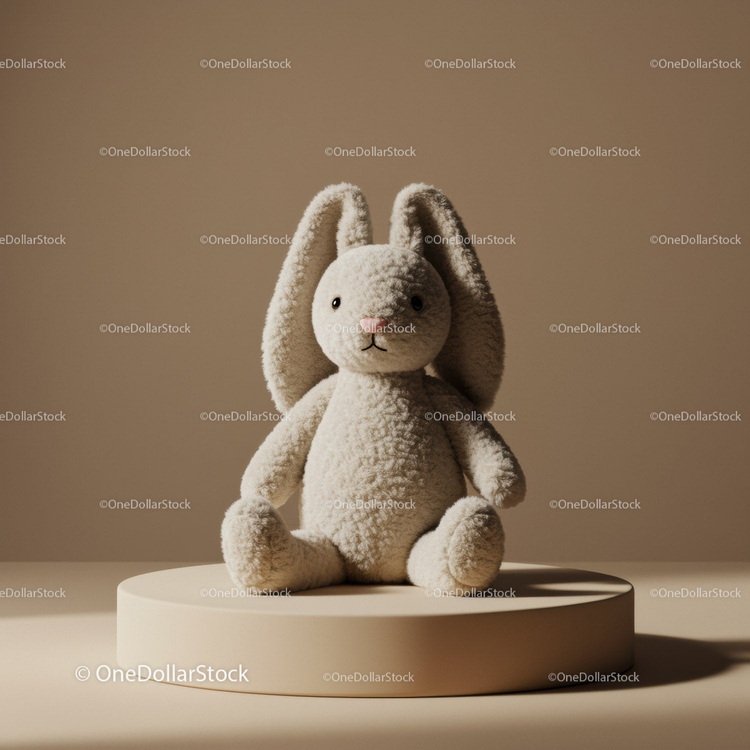 Soft Plush Bunny Toy Sitting on Minimalist Pedestal