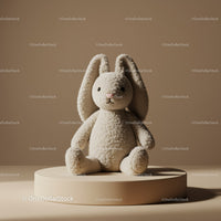 Soft Plush Bunny Toy Sitting on Minimalist Pedestal