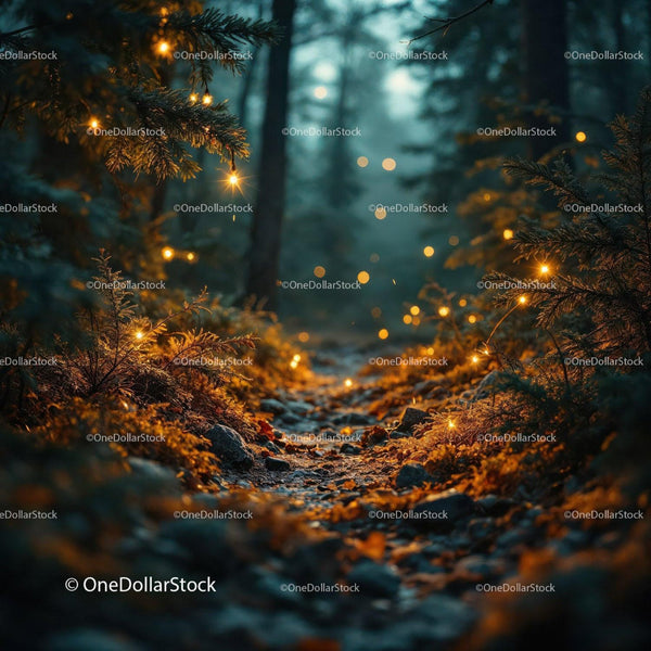 Magical Forest Path Illuminated by Glowing Lights